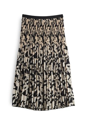 Pleated skirt made of lightweight fabric, featuring an abstract black and beige animal print, with a black elastic waistband.