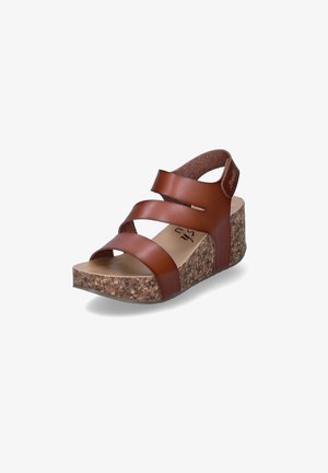 Brown leather sandal with three crisscross straps and a cork wedge sole. Features a back strap and a smooth footbed.