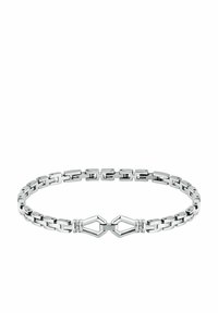 Bracciale argento con catene intrecciate, caratterizzato da una superficie liscia e lucida. Due elementi decorativi al centro con piccoli pietre preziose trasparenti.