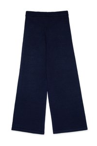 Marineblå vide bukser lavet af et tekstureret strikmateriale med elastisk talje, med lige kanter forneden.