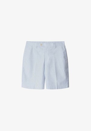 Blauwe en witte gestreepte shorts met een platte voorkant, knoopsluiting en zijzakken. Gemaakt van lichte stof met een gladde textuur.