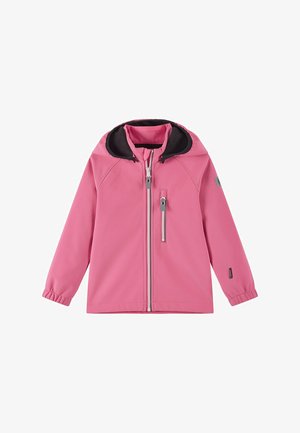 Giacca softshell rosa con cappuccio, cerniera frontale e tasca sul petto con zip, polsini elastici e fodera interna nera.