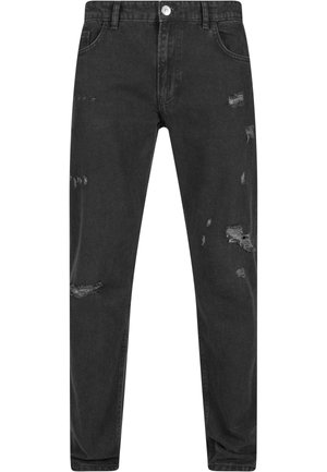 Jeans in denim neri con una vestibilità slim, caratterizzati da toppe strappate e chiusura con bottone in vita. Design classico a cinque tasche.