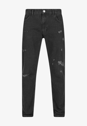 Jeans in denim neri con una vestibilità slim, caratterizzati da toppe strappate e chiusura con bottone in vita. Design classico a cinque tasche.