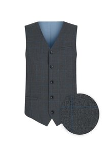 Męski szary kamizelka w niebieską kratę, z dekoltem w kształcie V, pięcioma guzikami i kieszenią na lewej piersi. Teksturowany materiał dodaje głębi.