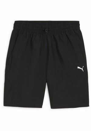 Czarne sportowe szorty wykonane z lekkiego materiału, posiadające elastyczny pas z troczkiem, boczne kieszenie oraz białe logo na lewej nodze.