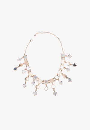 Gold chain necklace with alternating square and round mirror-like pendants and dangling diamond and square-shaped charms.