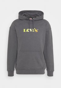 Felpa grigia in tessuto morbido con tasca frontale. Presenta un cappuccio con cordini e un logo "Levi's" multicolore sul petto.