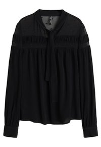 Blusa nera con scollatura annodata, caratterizzata da tessuto trasparente sulle spalle, dettagli plissettati e maniche lunghe e affusolate.