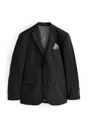 Sort blazer med klapkrave, to forlommer, et gråt lommeuld og knapmanchetter. Glat stof, skræddersyet pasform, uden mønstre.