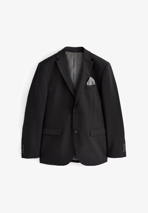 Schwarzer Blazer mit Reverskragen, zwei vorderen Taschen, einem grauen Einstecktuch und knopfbaren Manschetten. Glattes Material, taillierte Passform, keine Muster.