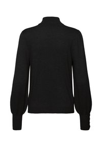 Pulover negru cu guler înalt, mâneci lungi și volănașe, cu detalii cu nasturi pe manșete. Fabricat dintr-un material tricotat moale, cu un design minimalist.