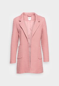 Cappotto lungo rosa chiaro a maniche lunghe con colletto a rever, texture a spina di pesce e due tasche frontali; design aperto senza bottoni o chiusure.