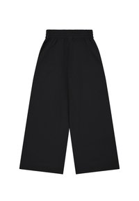 Zwarte wijde pijpen broek met een elastische tailleband, gemaakt van gladde stof, met een losse pasvorm en rechte zoom. Geen zichtbare zakken of accenten.