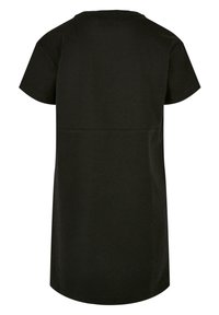 Czarna bawełniana sukienka t-shirtowa z okrągłym dekoltem, krótkimi rękawami i prostą linią kroju. Równa hemline bez widocznych wzorów czy akcentów.