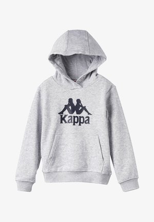 Hoodie gris avec une poche avant, arborant un graphique du logo Kappa en bleu marine et une capuche avec cordon de serrage. Fabriqué en tissu doux avec des poignets côtelés.