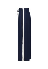 Navy blue wide-leg trousers with an elastic waistband, featuring two vertical white stripes along the sides. Lightweight fabric, casual design.
