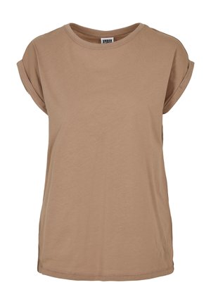Prosty brązowy t-shirt z krótkim rękawem, podwiniętymi rękawami i okrągłym dekoltem, wyświetlany na białym tle.