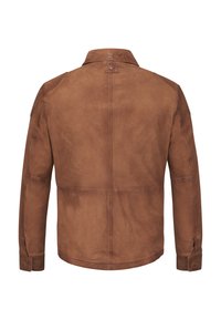 Braune Lederjacke mit glatter Textur, ausgestattet mit einem Kragen und langen Ärmeln. Die Rückansicht zeigt Nähte und ein Schulterpasse-Design.