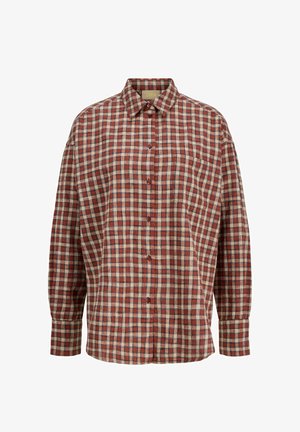 Rood en beige geruit overhemd met knoopsluiting aan de kraag, lange mouwen, voorzak en een losse pasvorm. Zachte stoftextuur.