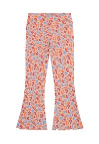 Uitlopende leggings van een zachte stof met een roze achtergrond en abstracte patronen in oranje, blauw en bruin.