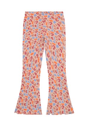 Uitlopende leggings van een zachte stof met een roze achtergrond en abstracte patronen in oranje, blauw en bruin.