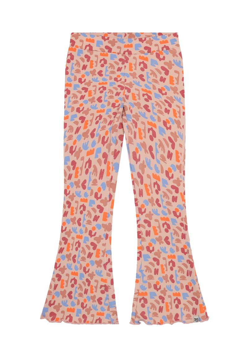 Uitlopende leggings van een zachte stof met een roze achtergrond en abstracte patronen in oranje, blauw en bruin.