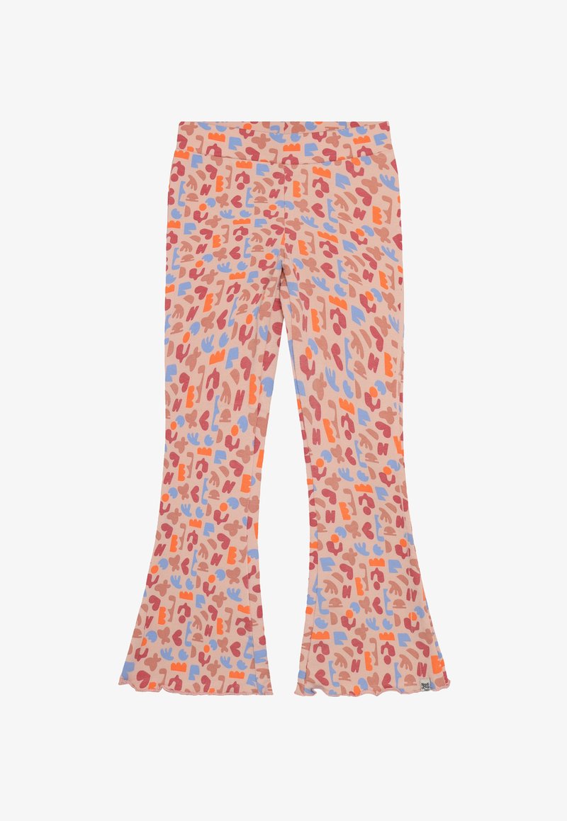 Uitlopende leggings van een zachte stof met een roze achtergrond en abstracte patronen in oranje, blauw en bruin.