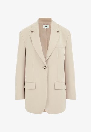 Bež bleiser struktureeritud lõikega, lõikelapid, ühe nööbi sulgemine, kaks esist pocketit ja sile, tekstureeritud kangas.