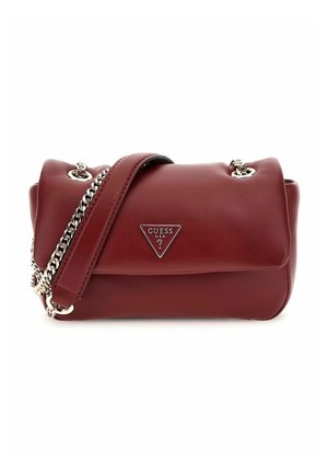 Burgundy leather handbag with a slouchy design, silver chain strap, and a triangular logo accent on the front. Smooth texture.