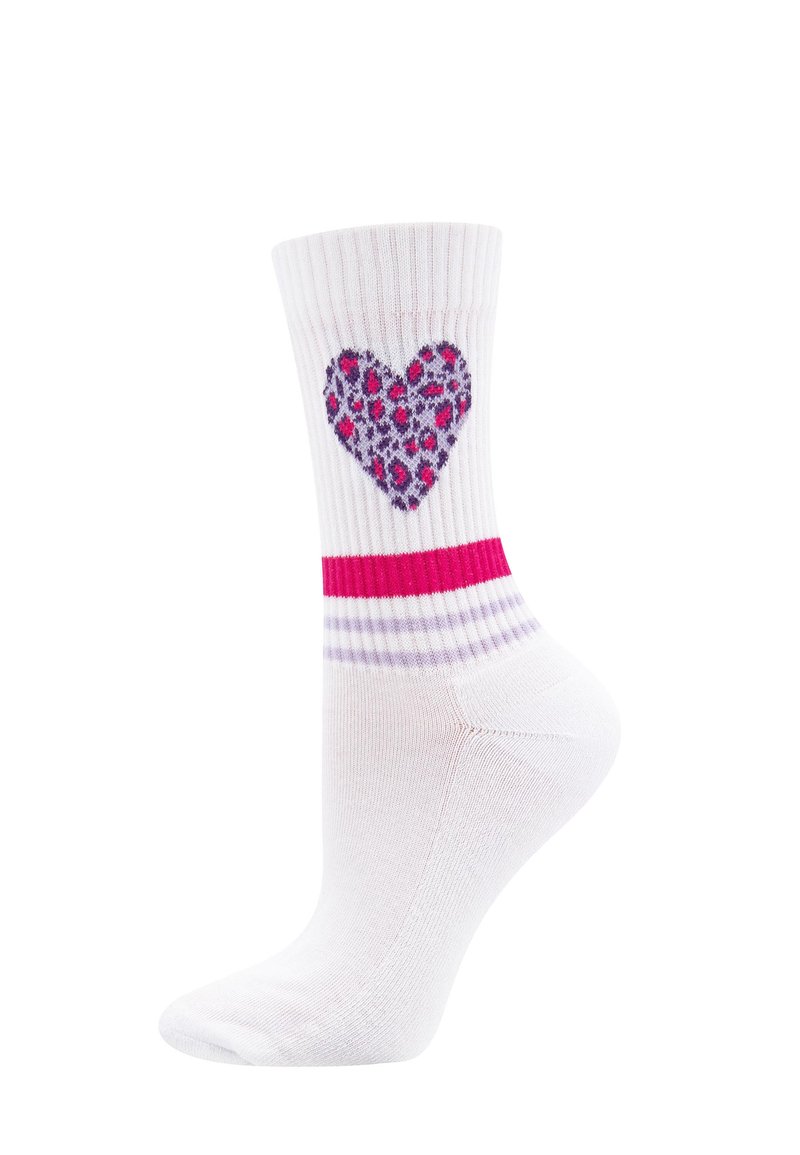 Weiße Baumwollsocke mit gerippter Textur, featuring ein lila und pinkes Leoparden-print Herzdesign und pinken sowie lilafarbenen Streifenakzenten am Bund.
