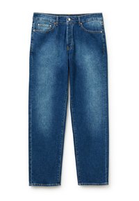 Jeans de mezclilla azul con un diseño de pierna recta, estilo de cinco bolsillos y costuras en contraste. Cuenta con un cierre de botón y un ligero desvanecimiento.