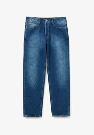 Jeans in denim blu con un design a gamba dritta, stile a cinque tasche e cuciture a contrasto. Presentano una chiusura con bottone e una leggera scoloritura.