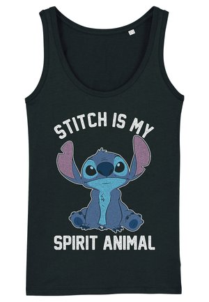 Czarny top na ramiączkach z grafiką niebieskiej postaci kreskówkowej z różowymi uszami. Napis brzmi "STITCH JEST MOIM DUCHOWYM ZWIERZĘCIEM" na białym tle.