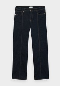 Σκούρες μπλε τζιν παντελόνες με ίσια κοπή. Διαθέτουν πέντε τσέπες και χάλκινα ραφές στις ραφές. Ελαφριά υφή, χωρίς ορατά σχέδια ή τονισμούς.