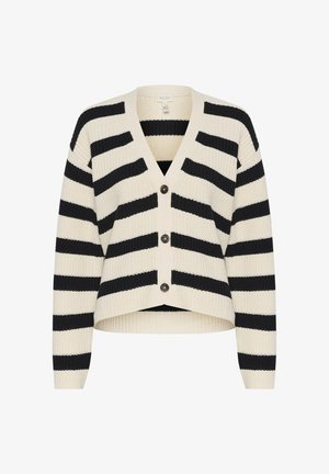 Kreemjas ja mustas triibulises stiilis nööbitav cardigan, millel on V-kaelus, lühike hem, ribakujuline tekstuur ja neli esipaneeli nuppu.