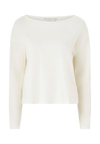 Creme-kleurige top met lange mouwen en een bootnek, gemaakt van zachte stof, met een relaxed fit en minimalistisch design. Geen patronen of accenten.
