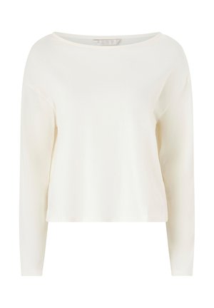 Langärmliges Creme-Oberteil mit U-Boot-Ausschnitt, aus weichem Material gefertigt, mit lässiger Passform und minimalistischem Design. Keine Muster oder Akzente.