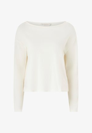 Langärmliges Creme-Oberteil mit U-Boot-Ausschnitt, aus weichem Material gefertigt, mit lässiger Passform und minimalistischem Design. Keine Muster oder Akzente.