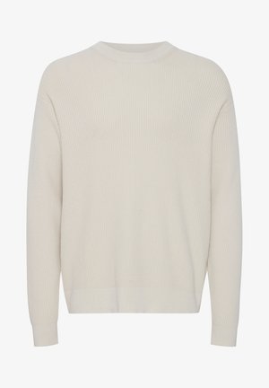 Tejfehér pulóver, textúrált, bordázott mintával. Hosszú ujjú, kerek nyakkivágású és laza fazonú. Puha anyagból készült.