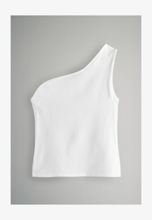 Asymetrický biely bezrukávový top zo 100% bavlny, s jednou ramienkovou páskou a hladkou textúrou, s oblečeným strihom na jednej strane.