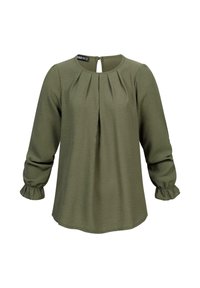 Olivgrüne Bluse mit rundem Ausschnitt, gefaltetem Vorderteil und dreiviertellangen Ärmeln, die in rüschierten Bündchen enden. Reißverschlussverschluss auf der Rückseite. Weiches Material.