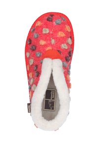 Red fleece slipper with multicolored polka dots, white fluffy lining, and soft sole, designed for indoor home use.