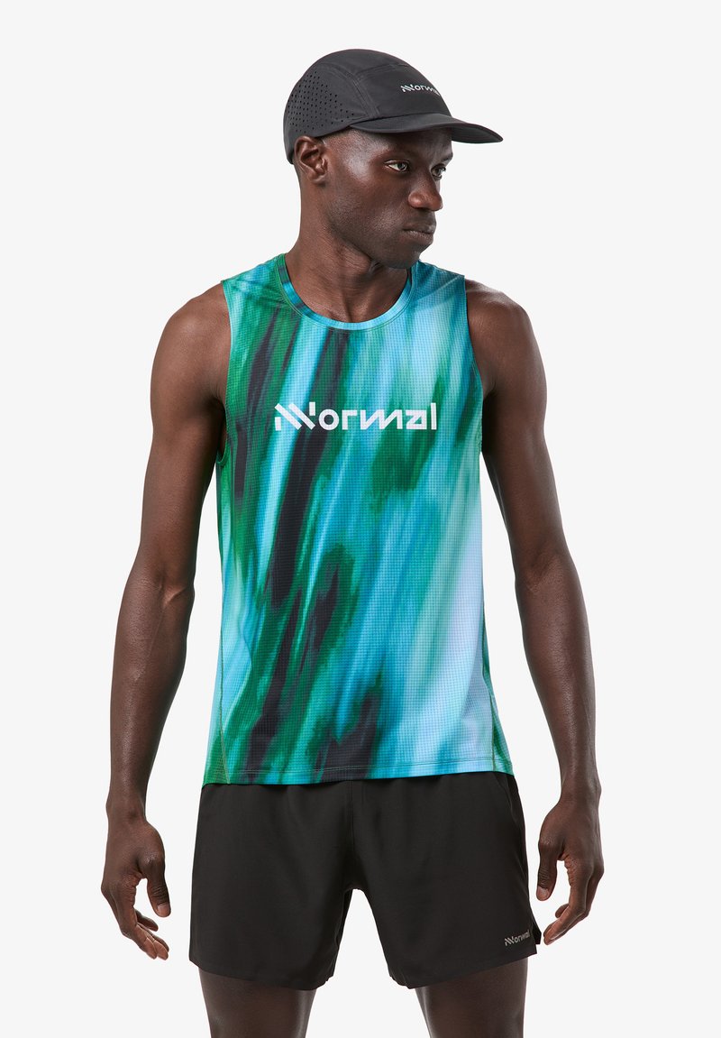 Heren sportshirt zonder mouwen in een groen-blauw verloop, gemaakt van vochtregulerende stof, met een ronde hals en een logo aan de voorkant.