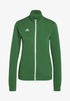 Giacca verde Adidas con zip bianca e logo sul petto sinistro, maniche lunghe e collo alto.