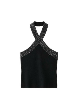 Črna pletena halter majica z prepletenimi bleščečimi naramnicami in rebrastim ovratnikom, ki ima prilegajoč silhueto in gladko teksturo.