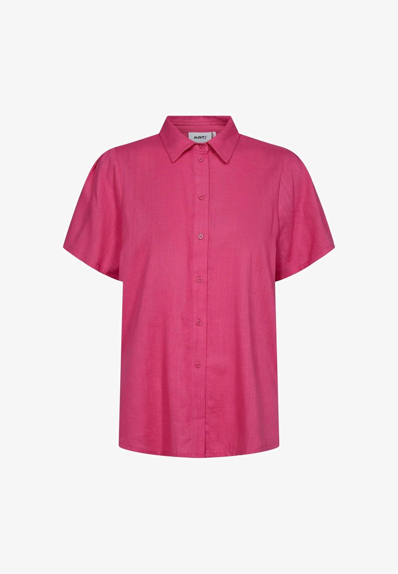 Šviesiai rožinė linine trumpomis rankovėmis marškinėliai su apykakle, turintys priekinį užsegimą ir laisvą kirpimą, su lygia tekstūra ir be matomų raštų.