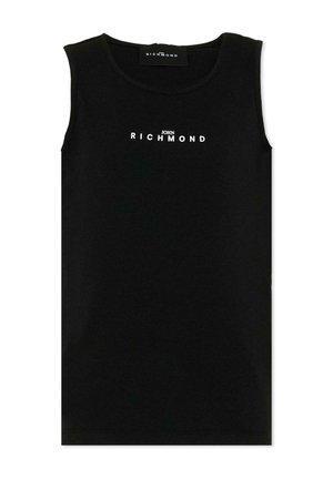Zwarte mouwloze tanktop met het "JOHN RICHMOND"-logo in witte letters centraal op de borst, met een ronde halslijn en een geribbelde stofstructuur.