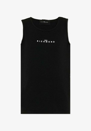 Zwarte mouwloze tanktop met het "JOHN RICHMOND"-logo in witte letters centraal op de borst, met een ronde halslijn en een geribbelde stofstructuur.
