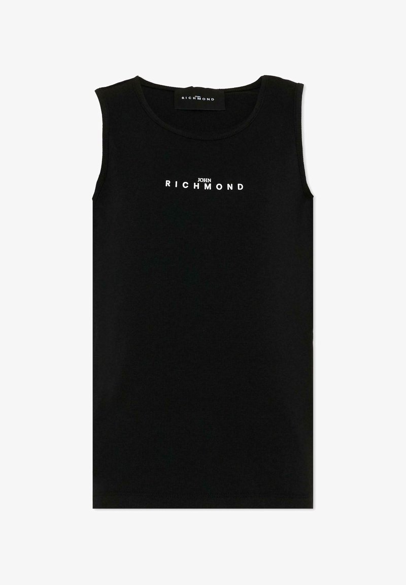 Débardeur noir sans manches avec le logo « JOHN RICHMOND » en blanc centré sur la poitrine, avec un col rond et une texture en tissu côtelé.